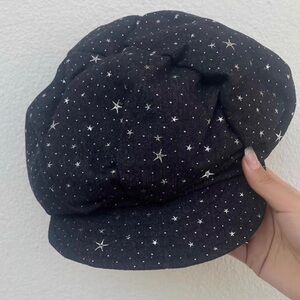 Korean brand black denim silver star embroidered beret